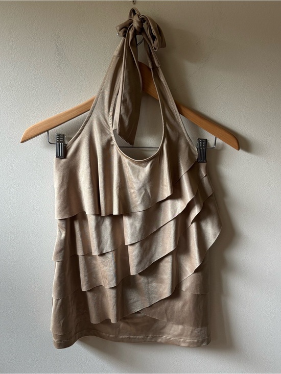 Cache Tops - Cache Gold Metallic Ruffled Halter Tank Top